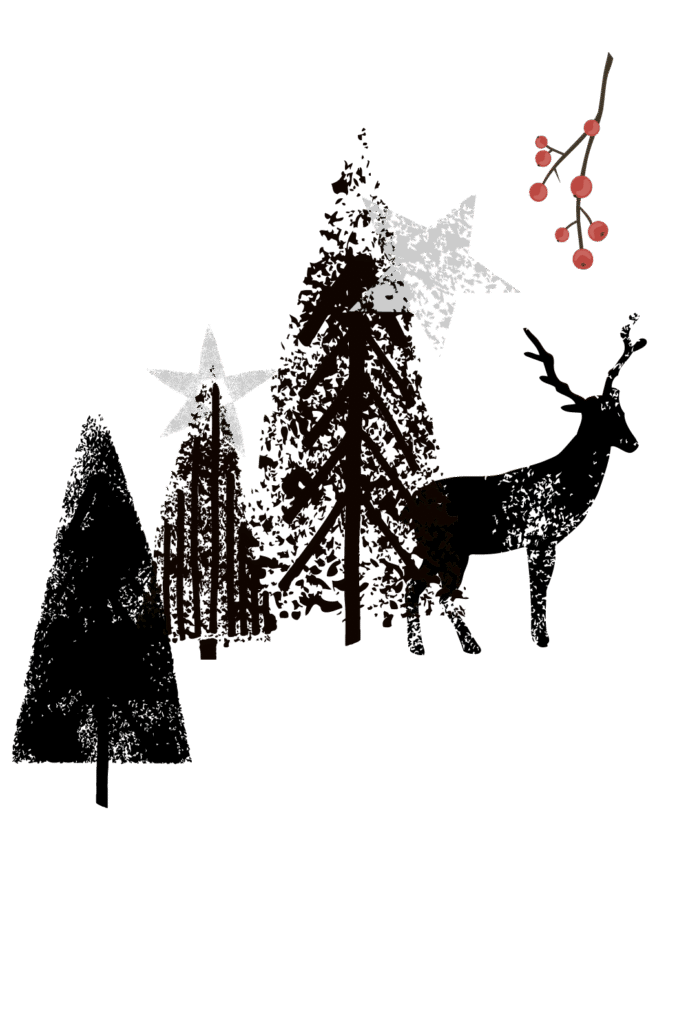 Eine Stempellandschaft aus zwei Bäumen, zwei Sternen, einem Hirsch und einem Beerenstrauch sind das Weihnachtssujet der Labordiagnostic
